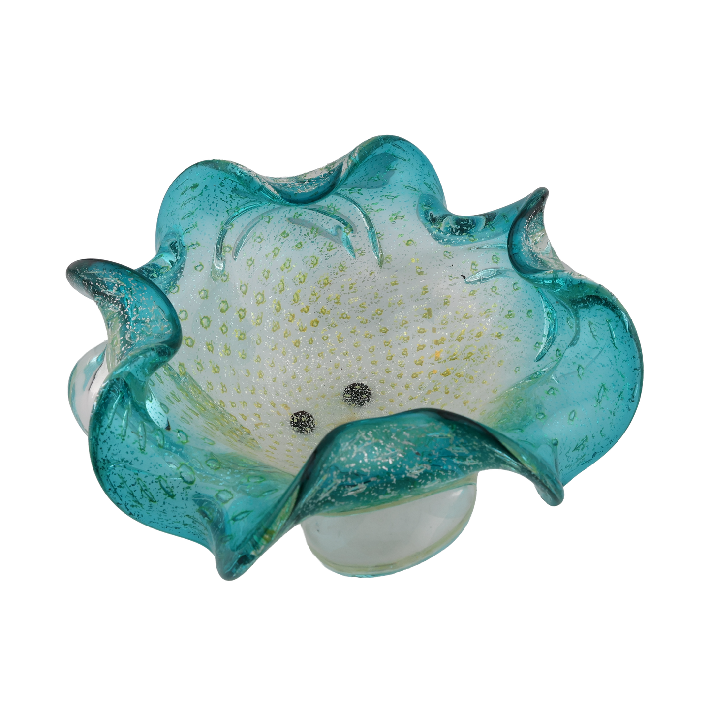 Vintage Turquoise Aventurine Art Glass Ruffled Bowl
