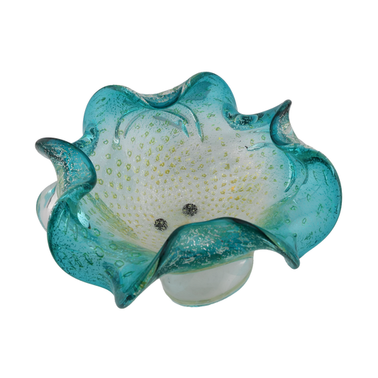 Vintage Turquoise Aventurine Art Glass Ruffled Bowl