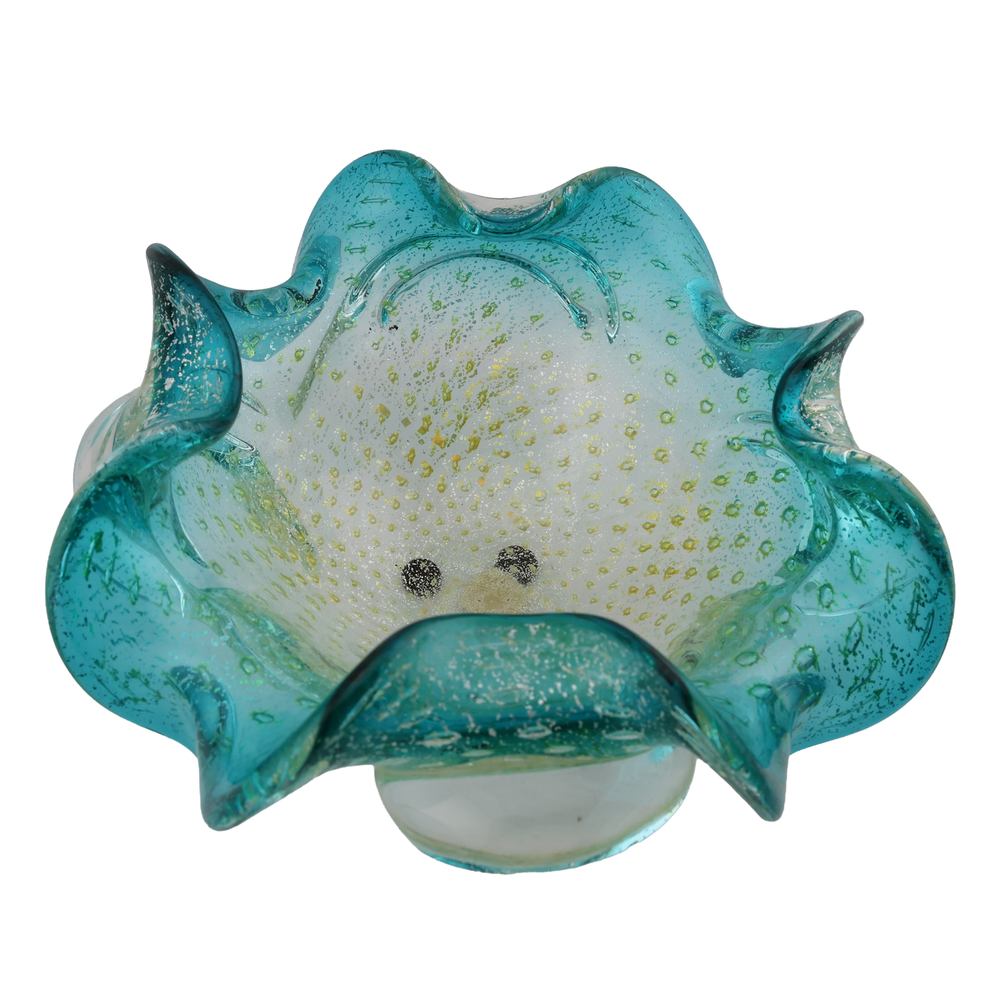Vintage Turquoise Aventurine Art Glass Ruffled Bowl
