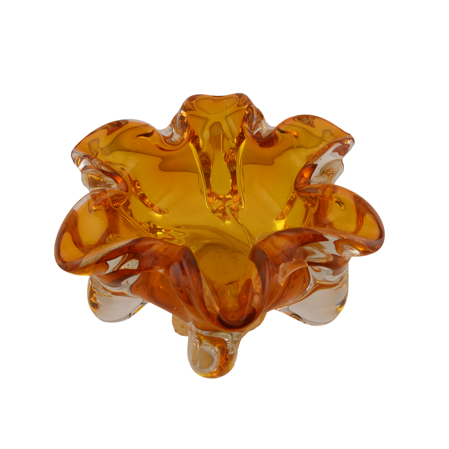 Vintage Czech Amber Art Glass Ruffled Bowl