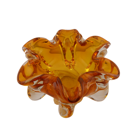 Vintage Czech Amber Art Glass Ruffled Bowl