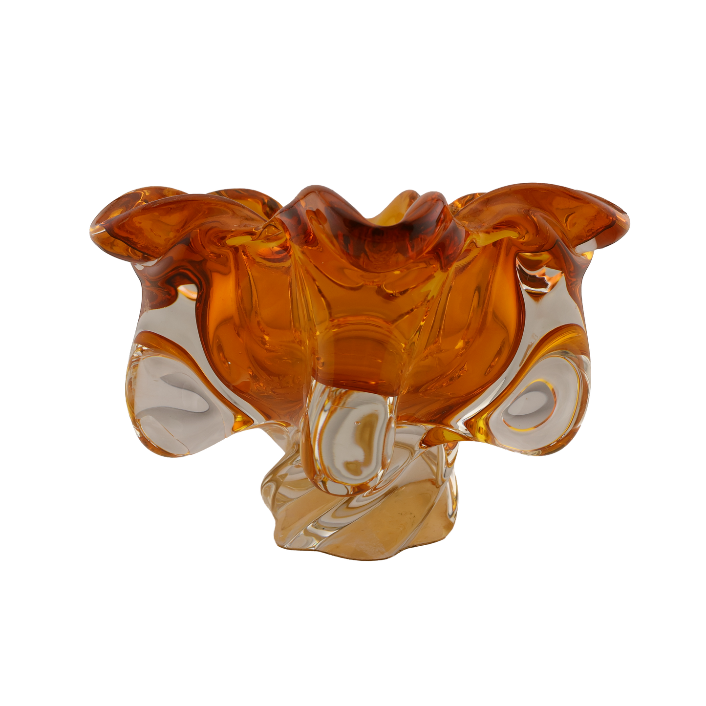 Vintage Czech Amber Art Glass Ruffled Bowl