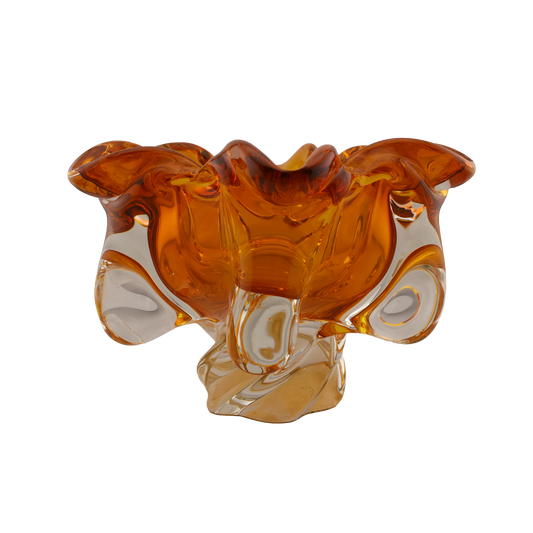 Vintage Czech Amber Art Glass Ruffled Bowl