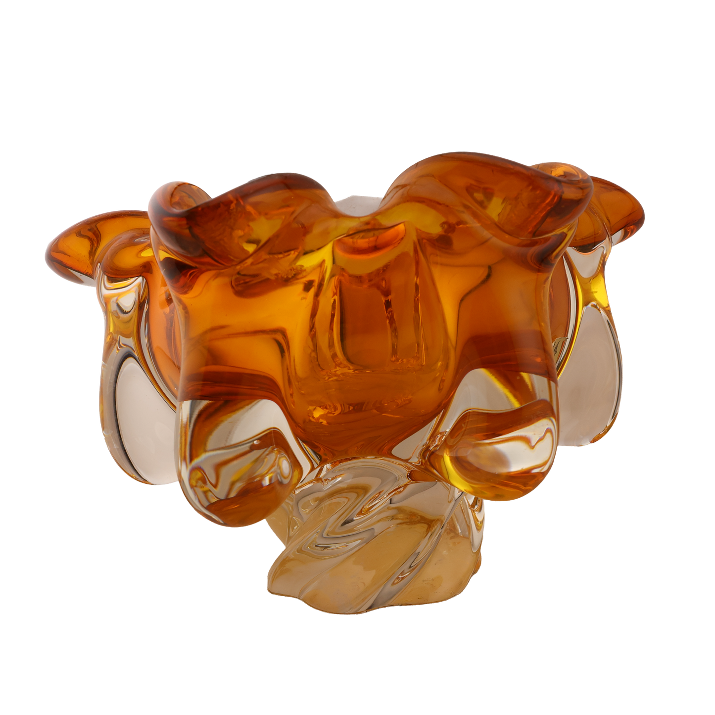 Vintage Czech Amber Art Glass Ruffled Bowl