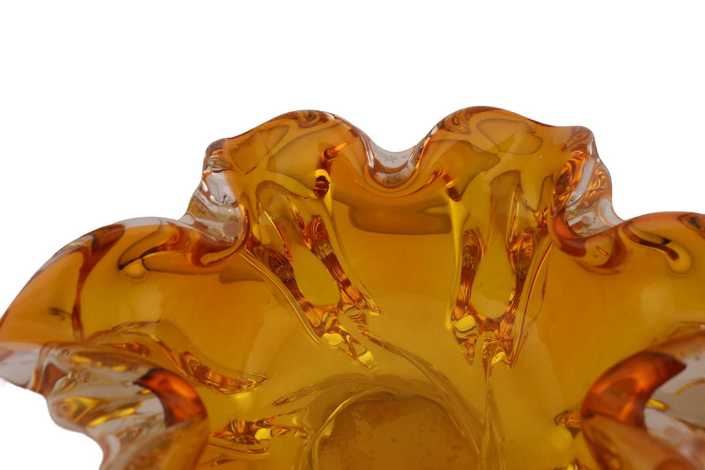 Vintage Czech Amber Art Glass Ruffled Bowl