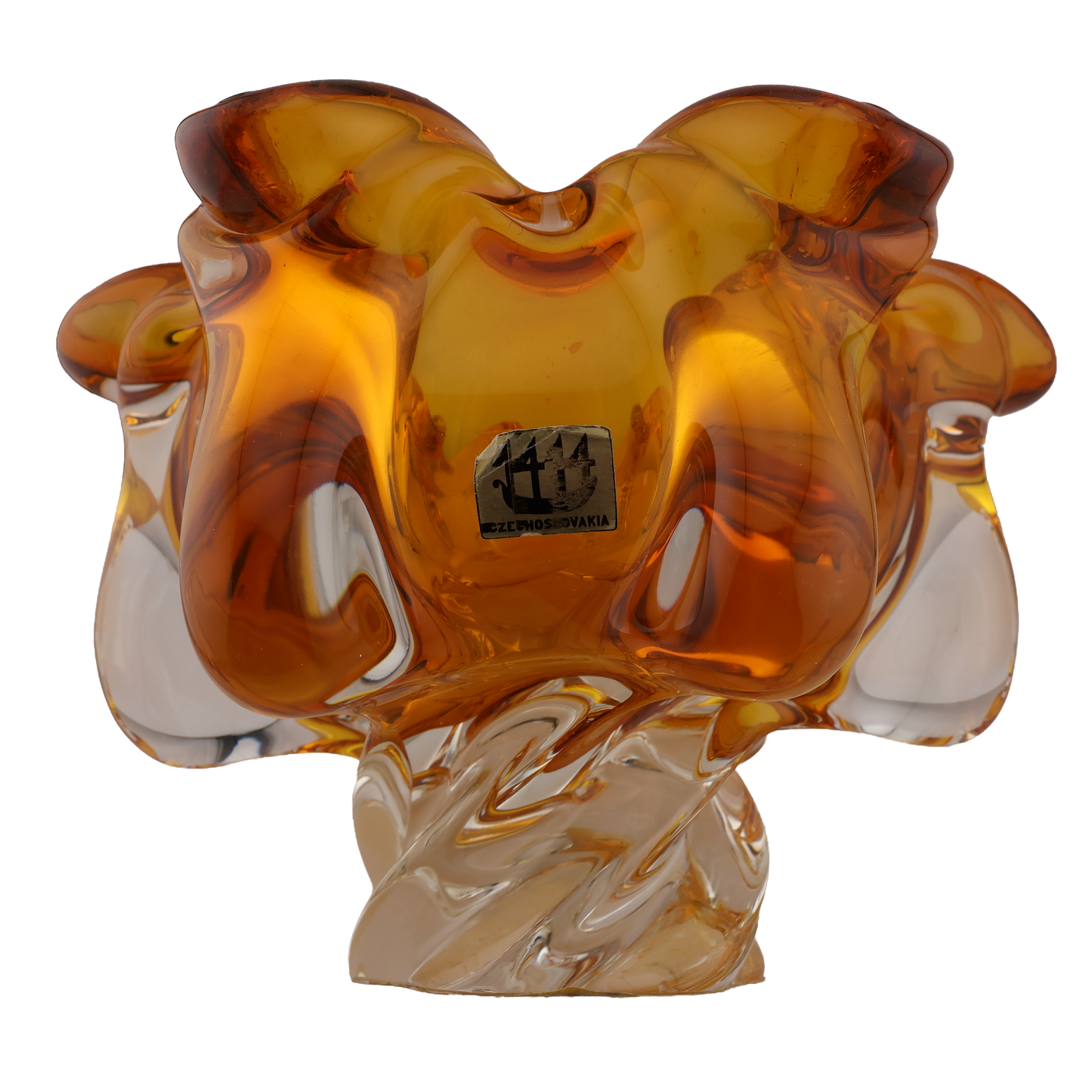 Vintage Czech Amber Art Glass Ruffled Bowl